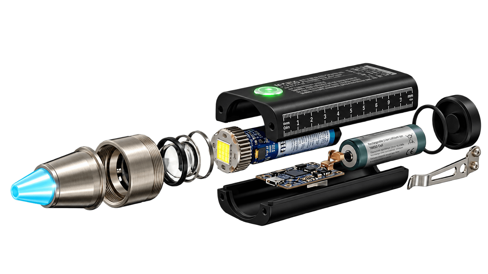 Exploded view of the MYNIX torch showing nozzle, optics, LED module, battery and circuit board